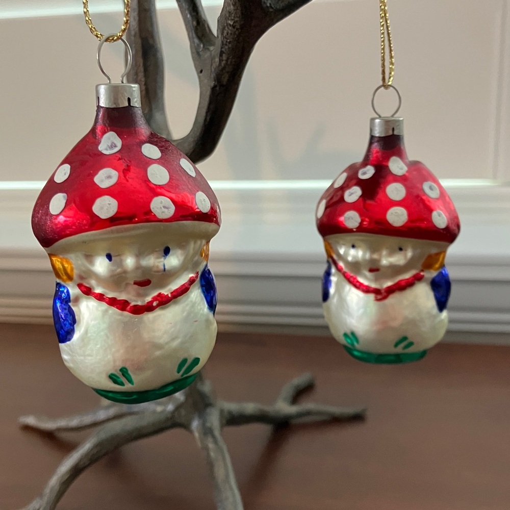 Vintage Czechoslovakia Mercury Glass Mushroom Men Christmas Ornament Set of Two